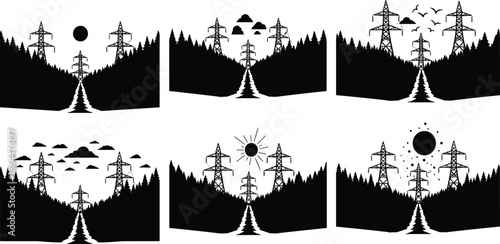 Black silhouette of industrial power transmission towers, electrical transformers, communication antennas, and urban energy infrastructure icons set, isolated on white.