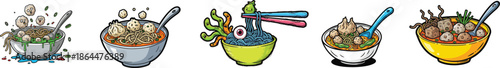 A delightful collection of five whimsical and playful cartoon illustrations showcasing various savory meatball soup dishes in charming bowls, perfect for food-related designs and culinary themes