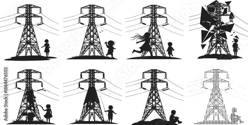 Black silhouette set of high voltage electric power transmission towers with children playing and sitting near pylons on white background,
