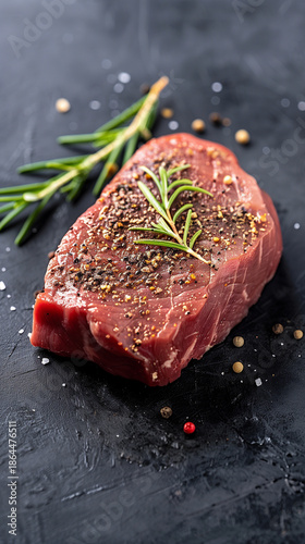 Raw beef steak seasoned with salt and pepper, garnished with rosemary sprigs