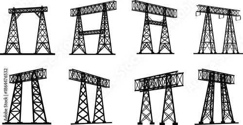 Black silhouette set of high voltage power transmission towers, electrical transformers, communication antennas, and industrial energy infrastructure icons on white.