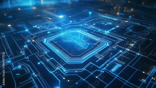 Glowing digital microchip network in blue light, expressing intelligence, speed, and futuristic innovation, ideal for AI, data processing, cybersecurity, and advanced technology visuals.