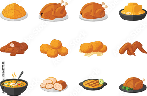 Assorted traditional holiday food illustrations featuring roasted poultry and side dishes displayed on various plates and bowls.