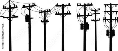 Black, silhouette, collection, of, electric, utility, poles, transmission, towers, power, lines, and, urban, energy, infrastructure, icons, with, blank, signage, boards, isolated.