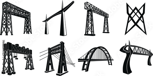 Bridge silhouette, architectural design, civil engineering, structural variety, black vector, suspension bridge, arch form, cable-stayed, transporter style, infrastructure concept