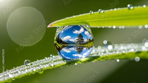 Reflection of a serene natural landscape in a dewdrop on a leaf.