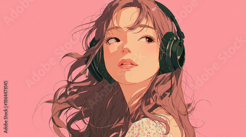 ヘッドフォンで音楽を聞く女性をYouTube動画サムネイル用にアニメスタイルで描いたAI生成画