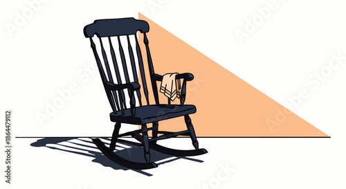 A classic dark wooden rocking chair, draped with a light cloth, stands in a stylized setting with a warm triangular background, symbolizing comfort and peaceful solitude.