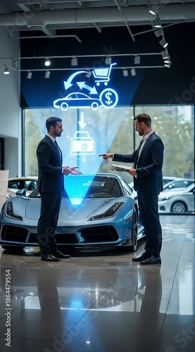 A businessman gives directions to a potential car buyer, and the sales and marketing team provides