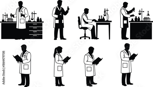 Set of scientist silhouettes, laboratory workers in white coats doing research and experiments with test tubes, cad drawing flat vector illustration.