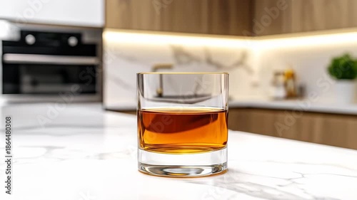 Elegant glass of amber liquid sits on a modern marble countertop.