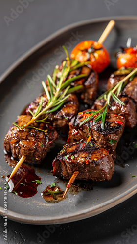 Gourmet beef skewers with grilled cherry tomatoes and rosemary garnish