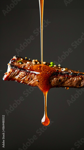 Juicy steak with rich sauce being poured over it in a close-up shot