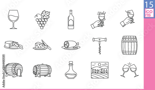 Black and white wine and winemaking icons set, including glasses, bottles, grapes,Black and white wine and winemaking icons set, including glasses, bottles, grapes,