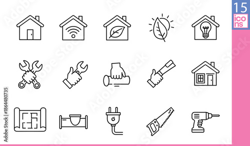 Home improvement and sustainability icon set featuring smart house, plumbing, tools, eHome improvement and sustainability icon set featuring smart house, plumbing, tools, e