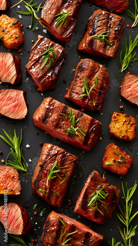 Delicious grilled beef steaks seasoned with rosemary and peppercorns on a dark surface