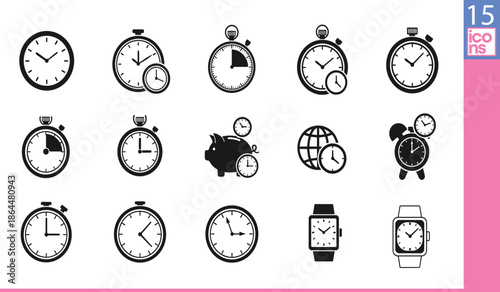 Timekeeping icon set featuring clocks, stopwatches, wristwatches, piggy banks,Timekeeping icon set featuring clocks, stopwatches, wristwatches, piggy banks,