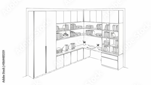 Modern Kitchen Design Sketch with Cabinets and Shelving.