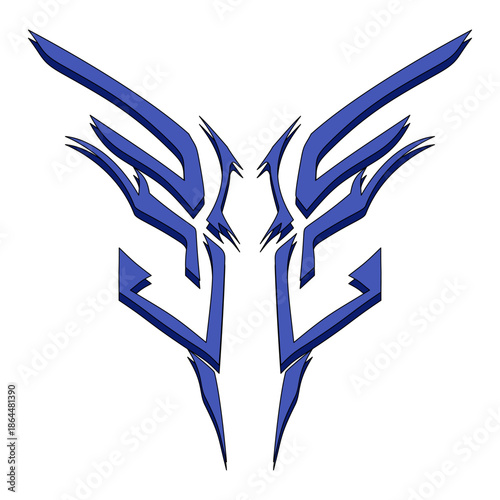 Abstract blue tribal wings logo design, symmetrical sharp geometric vector illustration for decals