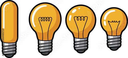 Hand drawn light bulb illustration set, creative idea concept, innovation symbols, energy solution icons, electric lamp design, vintage filament bulbs, isolated white background