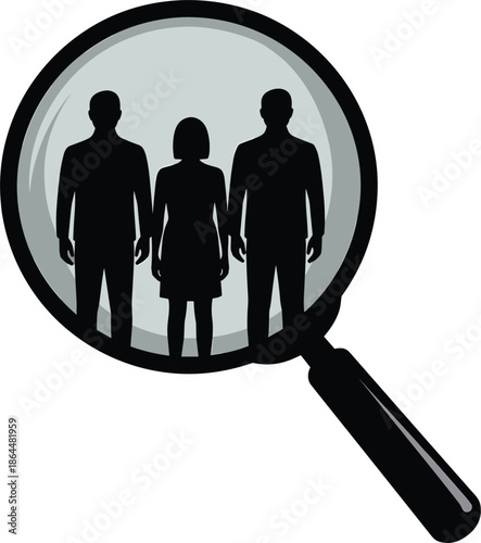 Magnifying glass focusing on people silhouettes, human resources search concept, recruitment selection teamwork analysis, business hiring strategy, talent identification illustration, workforce 