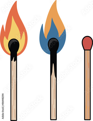 Three matchsticks showing ignition process, unlit and burning fire stages, concept of start, energy, risk, safety, transformation, heat, flame illustration