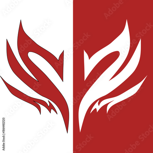 Abstract bird wings logo design in red and white, stylized fire or feather illustration.
