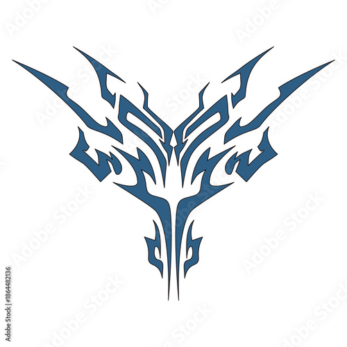 Blue tribal tattoo design with sharp edges, symmetrical geometric ornament illustration.