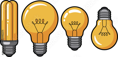 Vintage light bulb set, hand drawn electric lamp illustrations, incandescent edison style bulbs, energy concept, creative design elements, retro lighting icons isolated white background