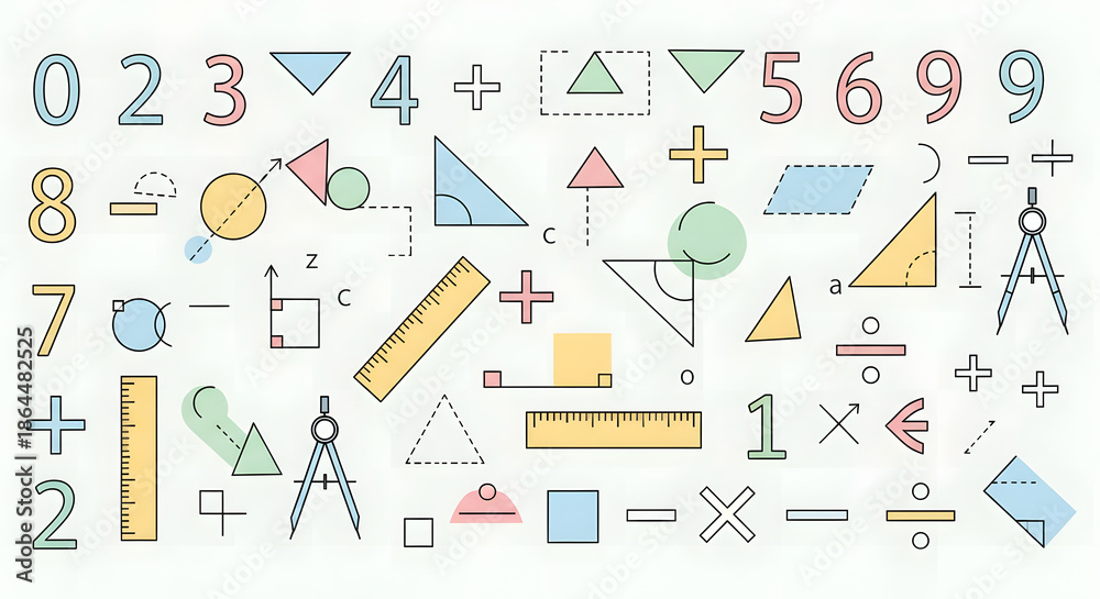 Obraz premium A colorful illustration of various mathematical symbols, numbers, geometric shapes, and measurement tools.