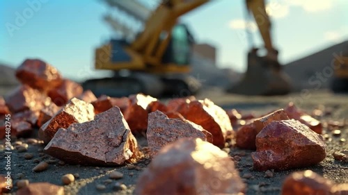 Construction site with excavator and red rocks in the foreground.