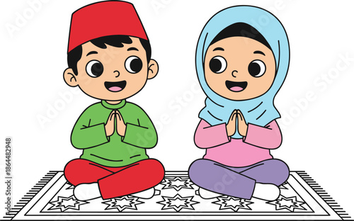 Line Art Illustration of Cute Cartoon Muslim Kids Sitting on Prayer Mat, Boy and Girl Clapping Hands in Greeting or Supplication, Islamic Religious Children Characters Outline Vector Clipart