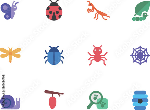 Nature Insects and Bugs Icon Collection with Butterfly Ladybug Praying Mantis Caterpillar Beehive and Spider Web for Biology Study