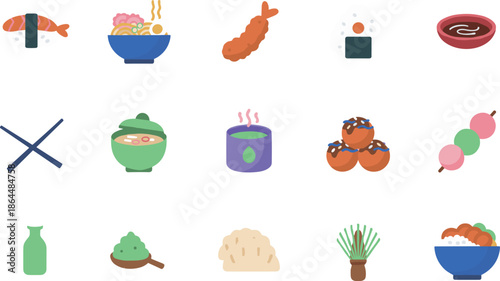 Japanese Cuisine and Sushi Icon Set Featuring Ramen Tempura Takoyaki Matcha Tea Miso Soup and Traditional Food Culture Symbols