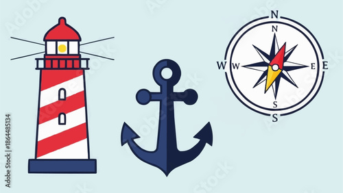 Nautical symbols including a lighthouse anchor and compass.