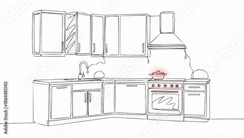 Modern Kitchen Interior Design Sketch with Cabinets and Appliances.