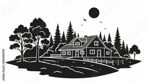 Silhouette of a house nestled among trees with a fence and sun.