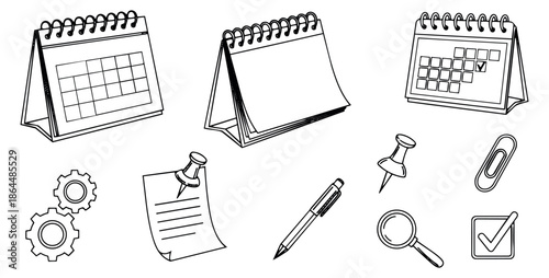 Hand drawn line art office and planning elements set featuring calendars, gears, pushpins, a pen, and a magnifying glass for business and productivity