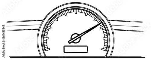 Hand drawn line art illustration of a speedometer depicting a needle on a dial for speed and performance indication