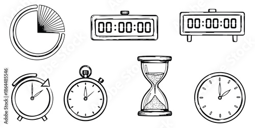 Hand drawn line art time icons set featuring clocks, timers, stopwatch, and an hourglass for time management and scheduling