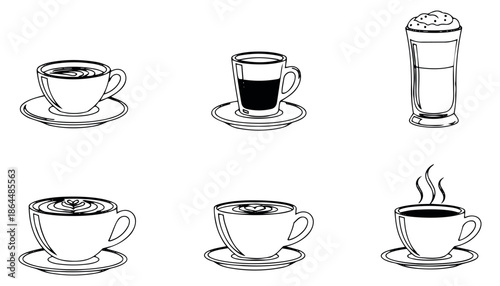 Hand drawn line art coffee cup set featuring various hot beverages, espresso, and latte art for cafe menus and morning themes