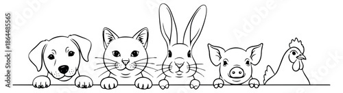 Hand drawn line art animal set featuring a dog, cat, rabbit, pig, and chicken peeking for farm and pet themed design