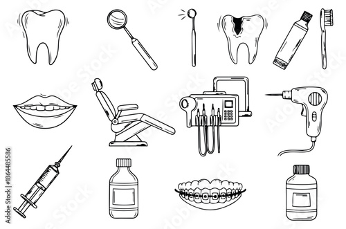 Hand drawn line art dental care set featuring teeth, instruments, chair and oral hygiene items for dentistry