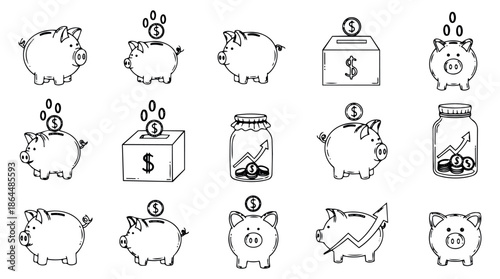 Hand drawn line art money saving icons set featuring piggy banks, coin jars, and donation boxes for personal finance and investment