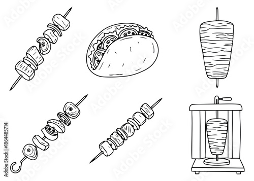 Hand drawn line art kebab set featuring shish kebab skewers, doner meat, and a pita taco for a street food menu