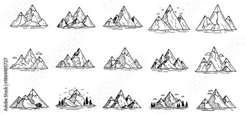 Hand drawn line art mountain illustration set featuring different mountain ranges and natural scenery for nature, outdoor, and travel designs