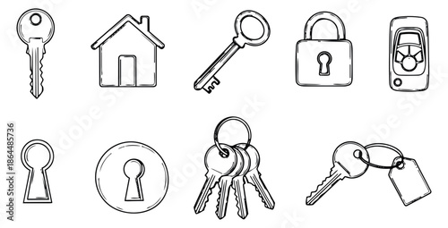 Hand drawn line art security elements set featuring keys, keyholes, a house, padlock, and car remote for access control and property safety
