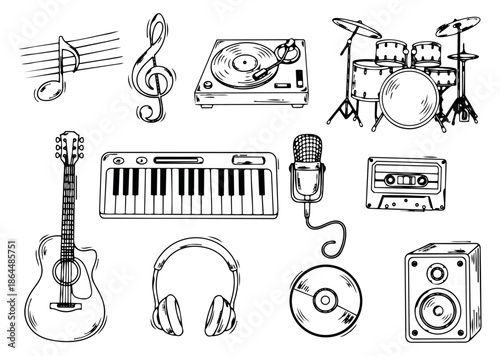 Hand drawn line art music elements set featuring a drum kit, guitar, keyboard, turntable, and musical notes for audio production and sound design