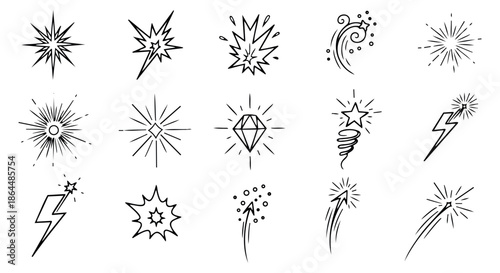 Hand drawn line art sparkle element set featuring stars, bursts, and lightning for celebrations and design