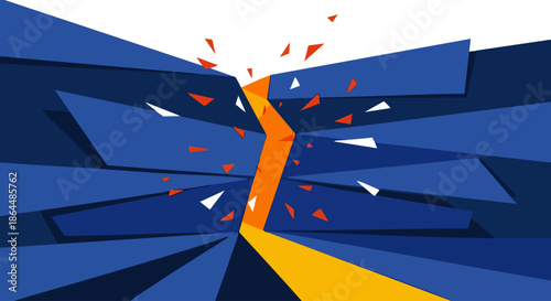 Abstract geometric explosion of blue shapes with a bright orange glowing crack and fragments bursting outwards.
